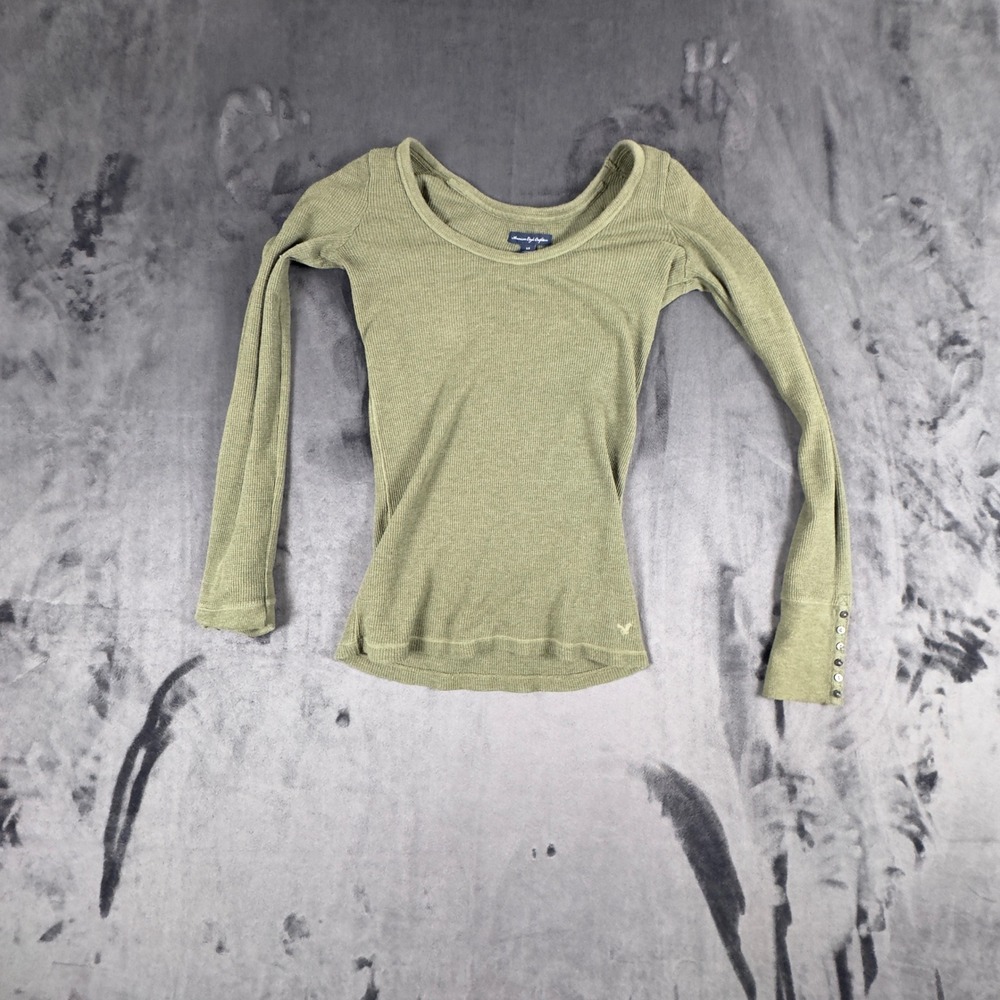 American Eagle Top Womens Small Green Long Sleeve Scoop Neck Thermal Button Cuff